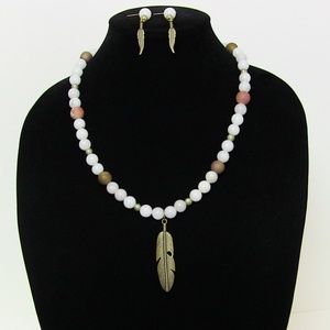 Feather and Onyx Necklace and Earring Set